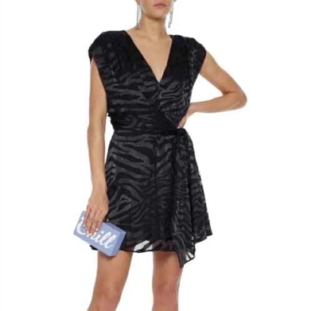 Alice + Olivia Black Essie Burnout Satin Mini faux Wrap Dress- Zebra - Picture 4 of 8